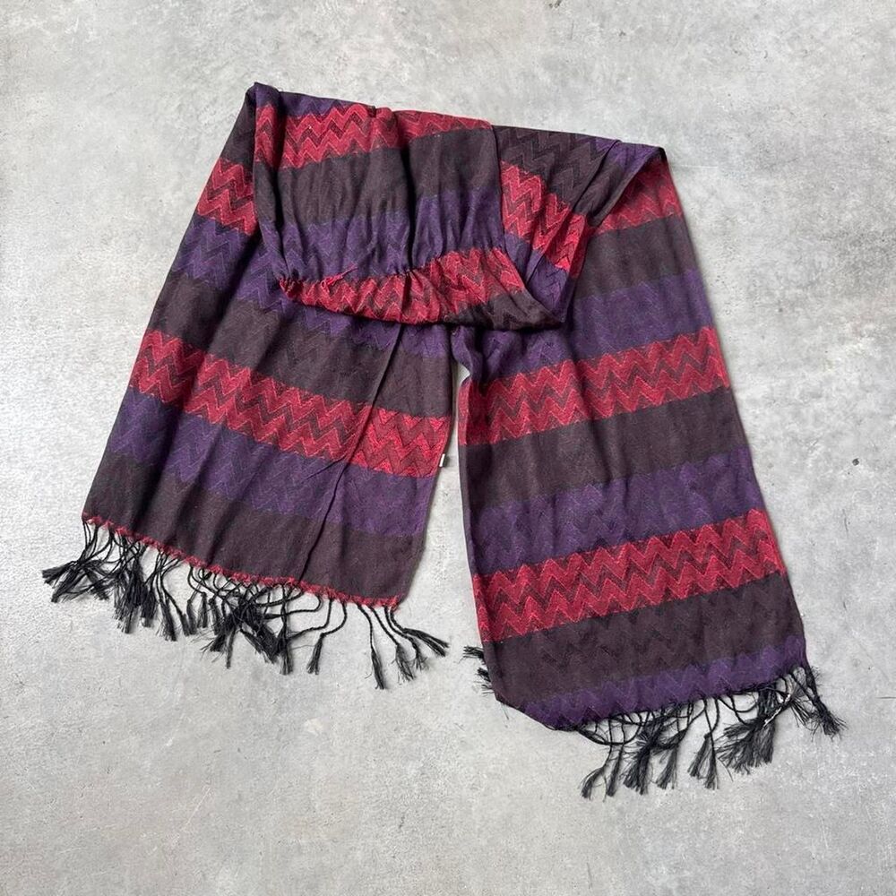Purple and red striped scarf with fringe
